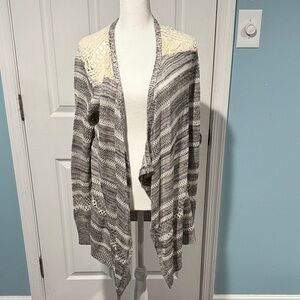 ONE WORLD Striped Gray and Cream Cardigan